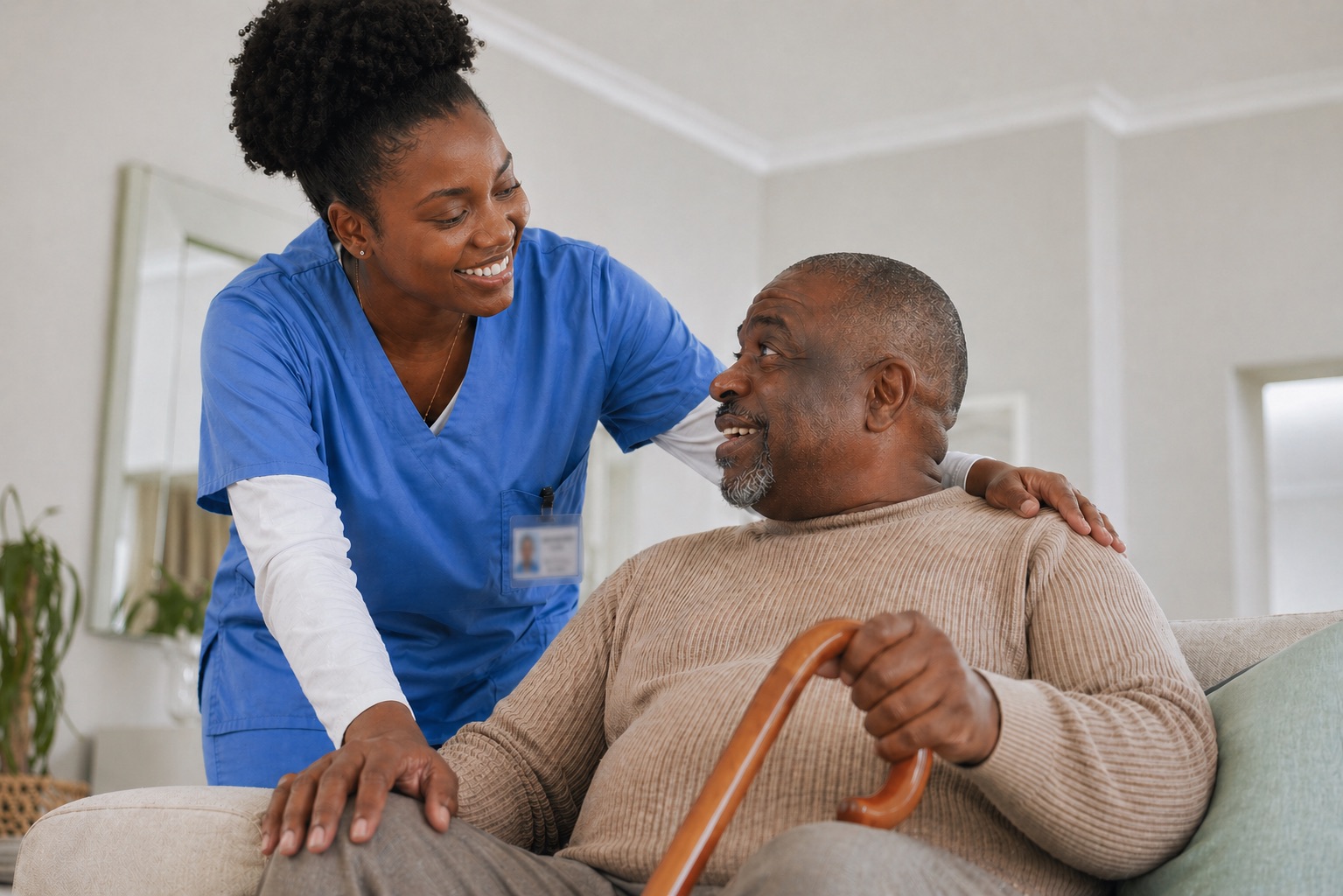 Caregiver supporting a client during an in-home visit