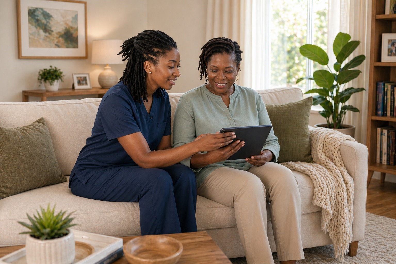Caregiver reviewing care details with an older adult at home